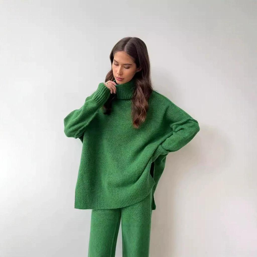 Women's High Collar Sweater & Wide Leg Pants Set - European and American Style, Autumn/Winter Casual and Cozy Knitwear.