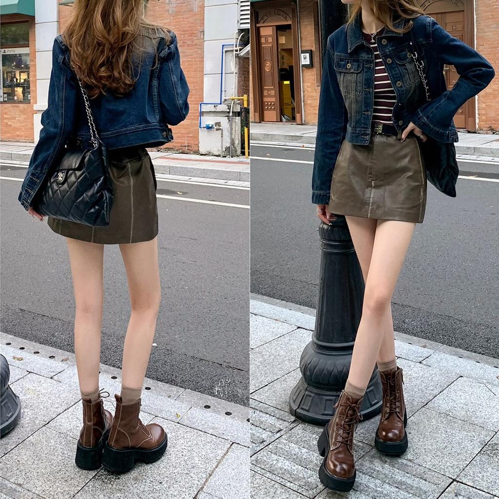 [Shei Su Yinyin] Beine Spice Girl~ Gewaschenes Pferdeleder Schnürstiefel Grober Absatz Lokomotiv Outdoor Kurze Stiefel Damen Martin Stiefel