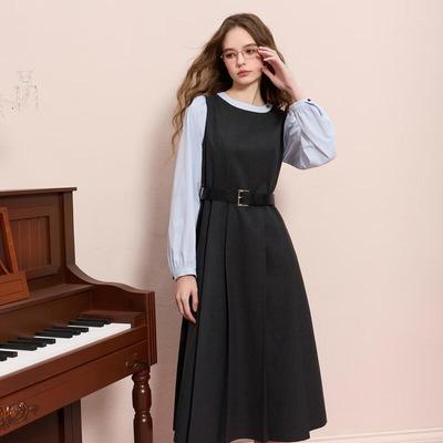 Sancai 2025 Winter Faux Two-Piece A-Line Midi Dress