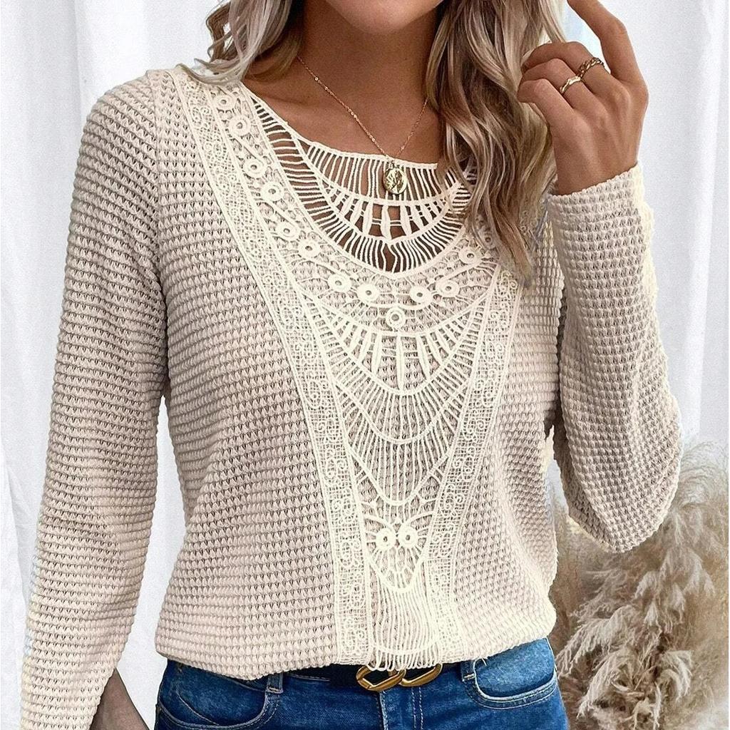 Women's 3XL Bottoming Shirt T-shirt Spring and Autumn Casual Solid Color Lace Stitching Round Neck Long-sleeved T-shirt