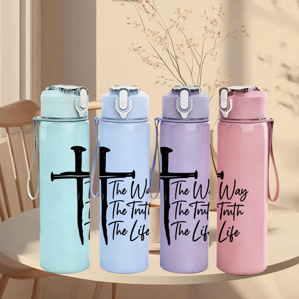 1PC Faith Trust Life Cross Letter Print 750ml Color Plastic Sports Water Bottle Leakproof Flip Straw Lid Suitable for Sports Office Home Use