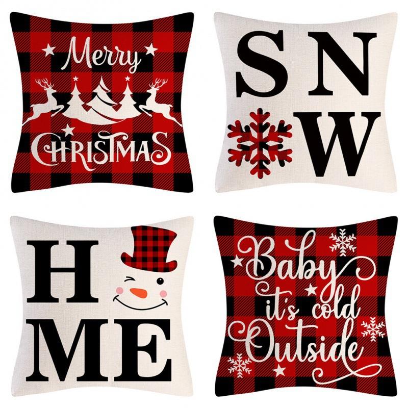 Christmas Pillow Covers Holiday Decorative Cushions Set of 4 for Sofa Bedroom Family Party Red Tree Snowflakes Reindeer Stars 450mm*450mm