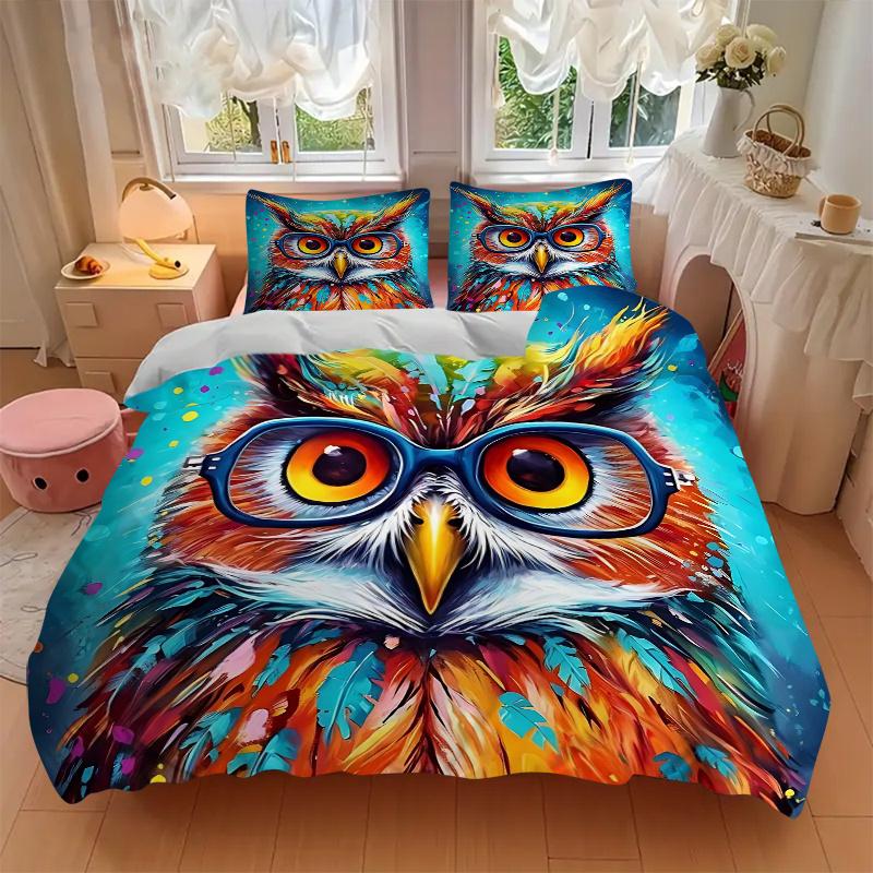 3pcs Colorful Owl Glasses Bedding Set, Includes One Quilt Cover and Two Pillowcases (No Core), Perfect for Home Decor, Festive Gifts