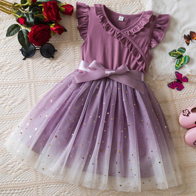 Princess Girl Summer Dress With Glitter Star Sequins And Pleated Cotton Blend