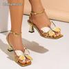 Größe 35-43 Goldene Absätze für Damen Riemchen über dem Knöchel Eckige Zehenpartie Schmetterlingsverzierung Elegante Kleiderschuhe Mode Zapatos De Mujer