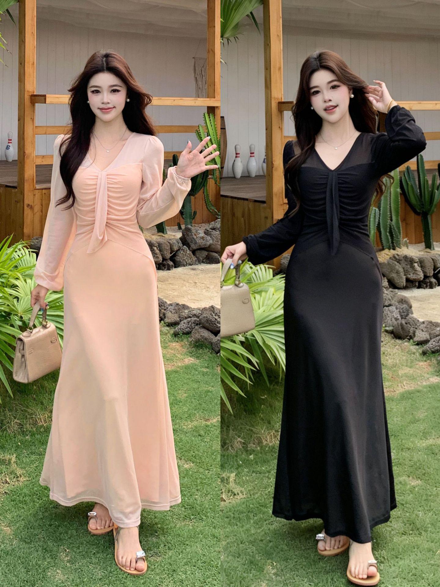 Plus Size Elegant Korean V-Neck Long Sleeve Dress - 2026 Spring/Summer Collection XXXL розовый/телесный