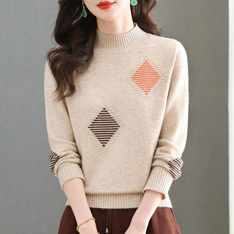 Solid-color Sweater Women's Trendy Casual Long-sleeved Knitted Sweater Loose Half Turtleneck Pullover Autumn and Winter Top