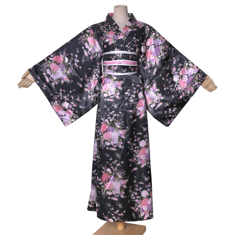 Long Kimono Japanese Style Floral Satin Yukata with Perfect for Fireworks Everyday Summer Kimono Women's Dress, Obi, Festivals, Wear, (KL02-Black)