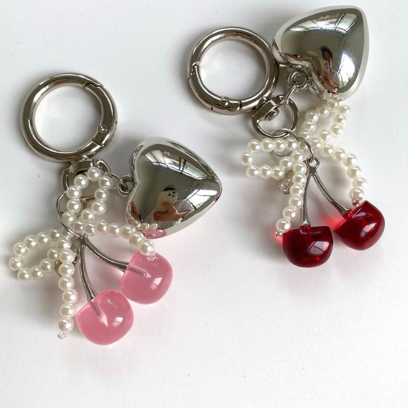 3D  Cherry Keychain Pearl Bow Silver Heart Pendant Keyring Women'S Bag Accessories Gifts