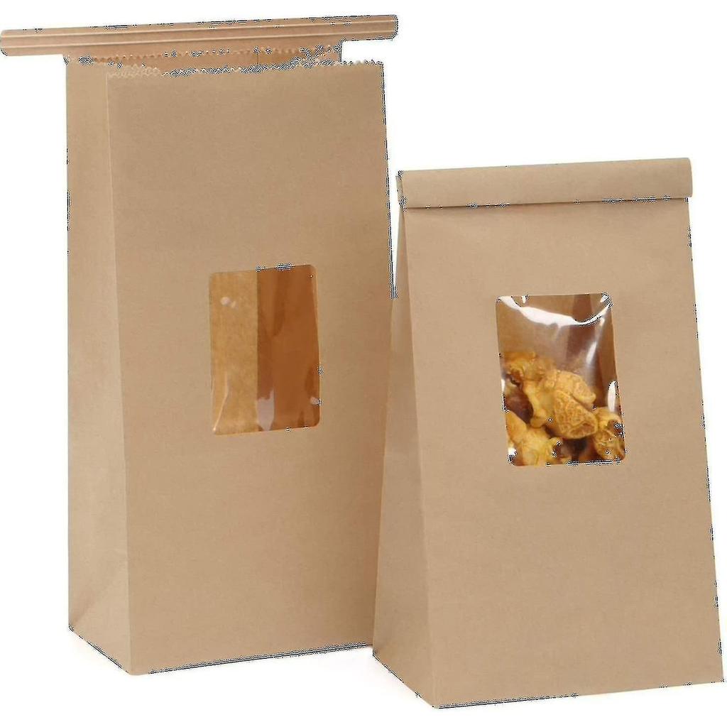 Grease Resistant Bakery Bags With Window Oil-proof Kraft Paper Bags 50pcs 5x2.95x9.45 Inches Tin Tie Tab Lock Bags Brown Window Bags Coffee Bags Popco