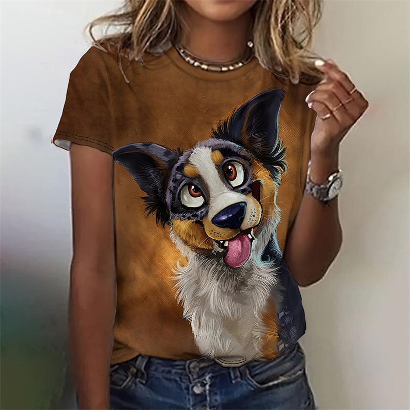 Tägliches Rundhals-Sommer-Damen-T-Shirt mit kurzen Ärmeln, 3D-Druck, kleiner Hund, lässiges T-Shirt