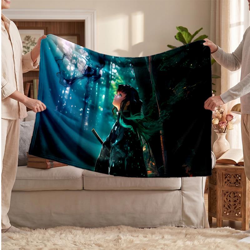 Tomioka Giyu Printed Flannel Blanket, Skin Friendly Warm Throw for Indoor Couch Bed Daily Use