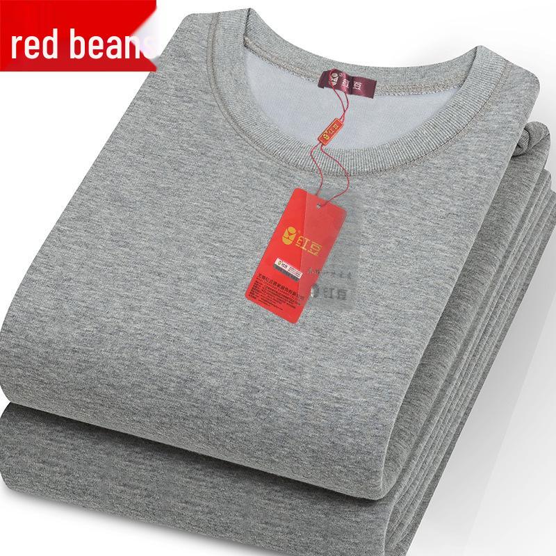 Men's Red Bean Warm Underwear Set: Plus Velvet Mid-Neck Top & Pants, Cotton Wool Sweater for Autumn/Winter