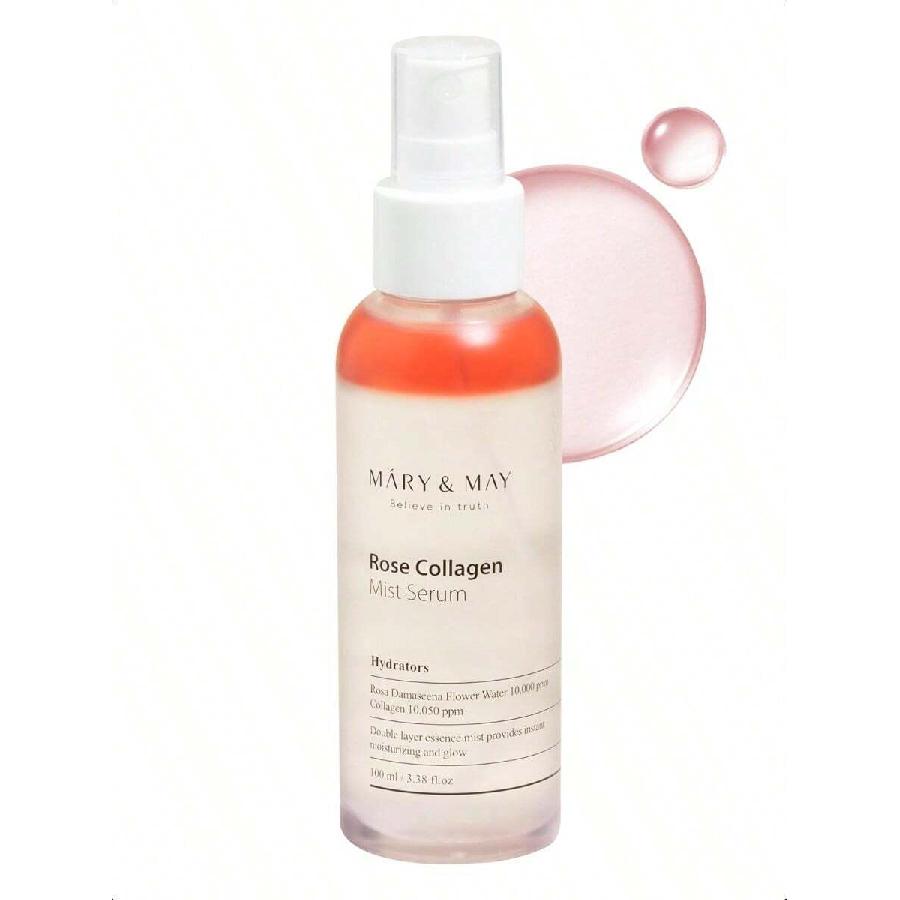 Mary&May Rose Collagen Mist Serum 100ml - Double Layer Essence Face Spray -  Anti-Aging And Glowing Skin With Damask Rose Water And Plant-Based Oils