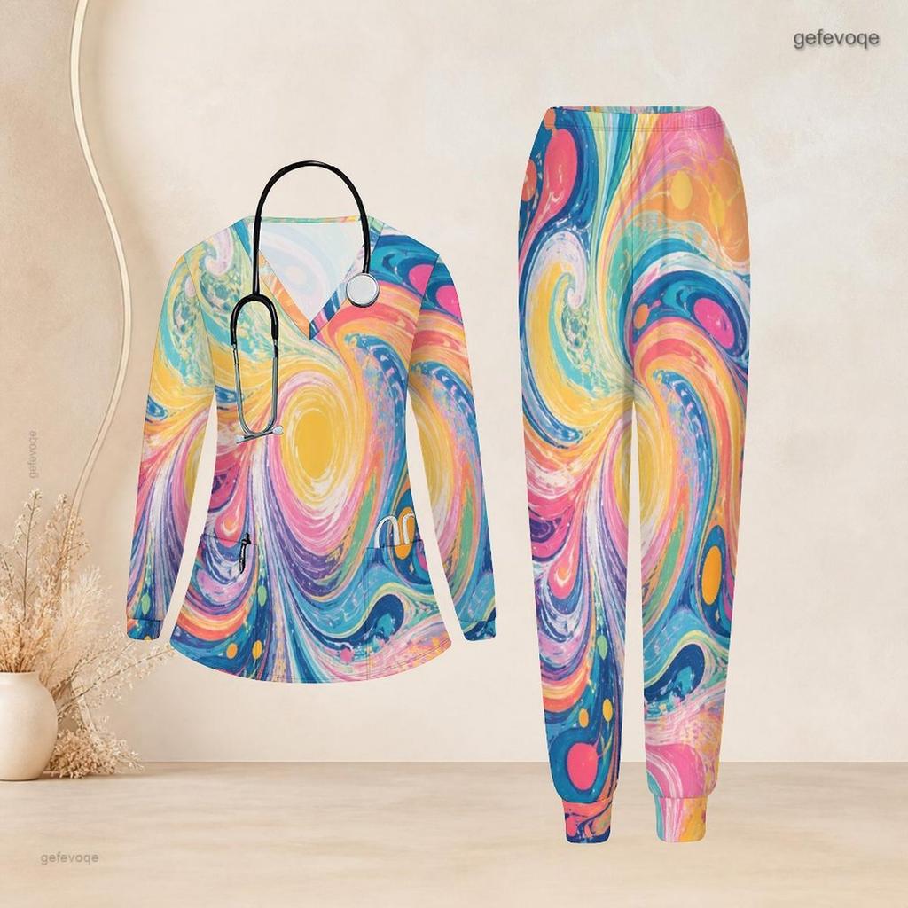 Women Plus Size Nurse Scrub Set V Neck Long Sleeve Printed Pink Purple Pockets Two Piece Outfit