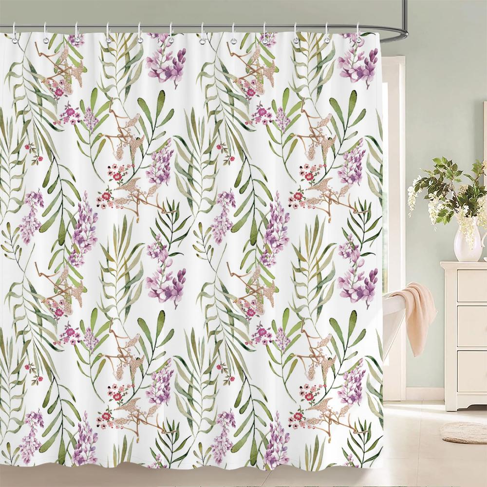 Nordic Style Flower Leaf Plant Printed Fabric Shower Curtains Floral Bath Screen Waterproof Products Bathroom Decor With Hooks