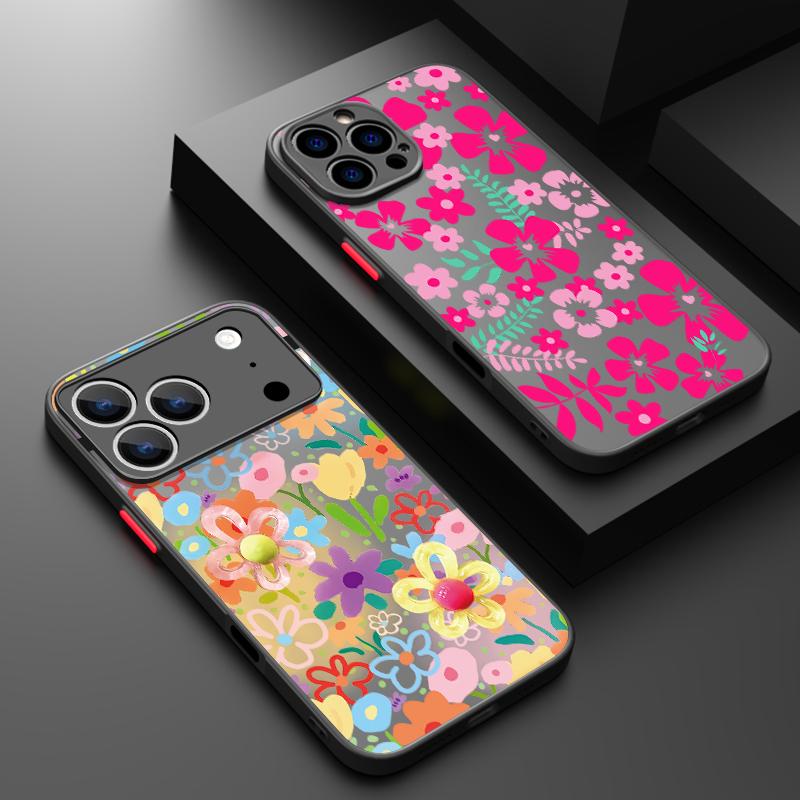Cartoon Flowers Print Case For iPhone 17 Air 16e 16 15 14 Pro Max 13 15 Pro 17 Pro 17 Shockproof Soft Edge Hard PC Matte Phone Cover