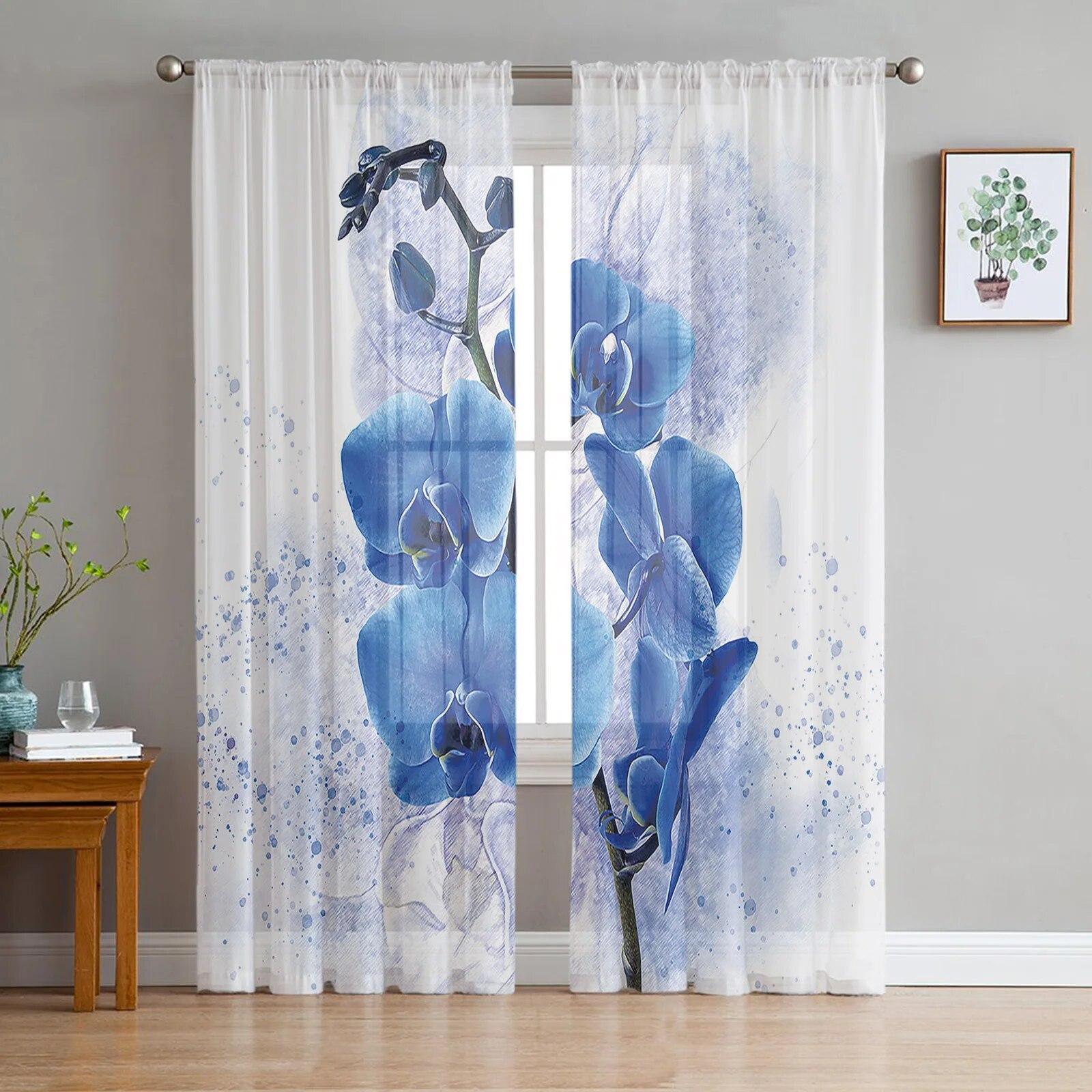 

Орхидея, черный камень, розовый цветок, белая тюлевая занавеска для гостиной, спальни, современные прозрачные шторы, декоративная обработка окон 135W x 114H(cm)