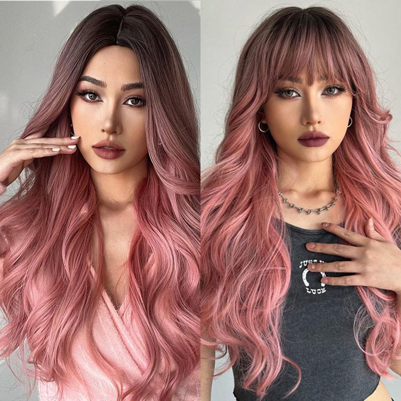 

Элегантный длинный женский вьющийся парик средней длины с градиентом розового волокна, головной убор
