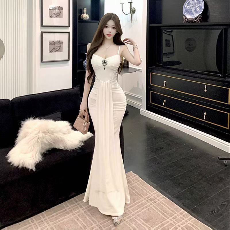 

New sweet mesh yarn long skirt slim-fitting with suspenders, sleeveless base, exquisite hip-wrapped dress S