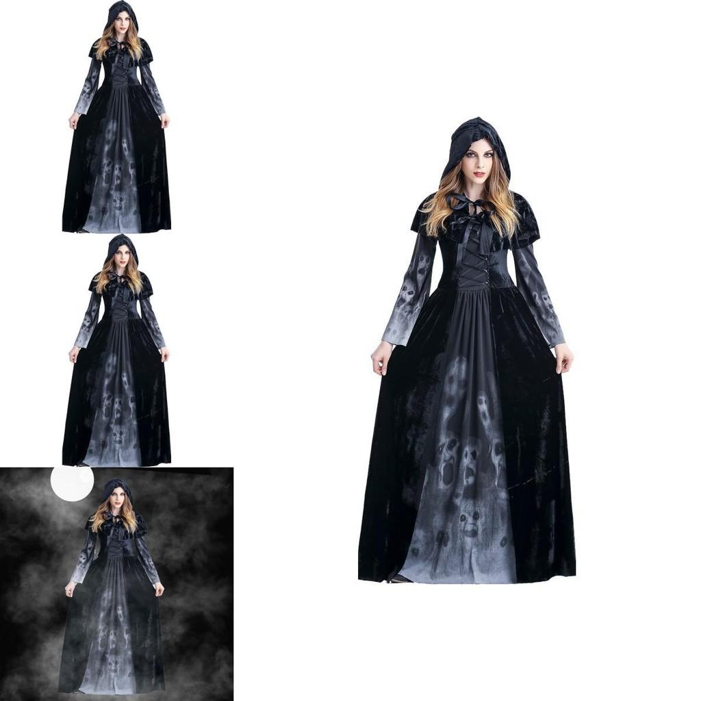 Halloween Cosplay Dress For Women With Skeleton Print Polyester Fantasy Evil Witch Vampire Dead Soul Costume For Role Play