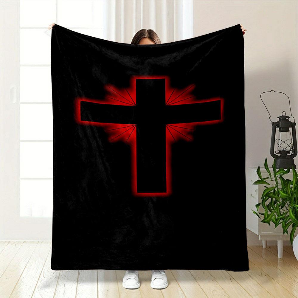 Red Glow Cross Blanket Printed Blanket for Living Room Bed Couch Lunch Break Soft Cozy Blanket for Friend's Festival Gift