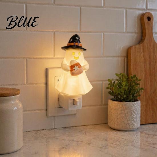 Halloween Party Lighting Pumpkin Ghost Night Light with Witch Hat Resin Soft Glow Plug-in LED Bedroom Light Spooky Wall Sconce for Home Decorative