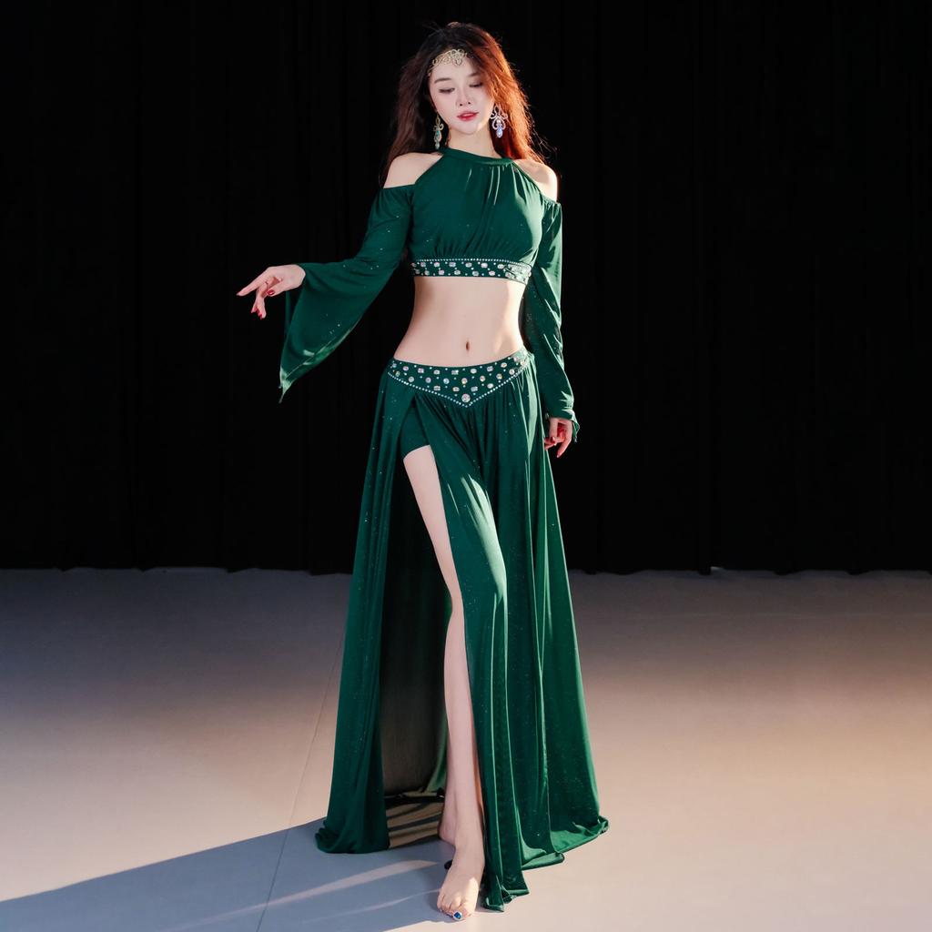2026 Set Due Pezzi Lucido a Maniche Lunghe per Danza del Ventre da Donna Costumi Orientali a Doppio Spacco per Danza del Ventre Abbigliamento da Ballo per Performance