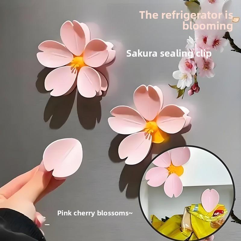 1pcs Kitchen Magnetic Cherry Blossoms Clips Ziplock Refrigerator Message Notes Strip Magnet Sticker Photo Home Sealing Clip
