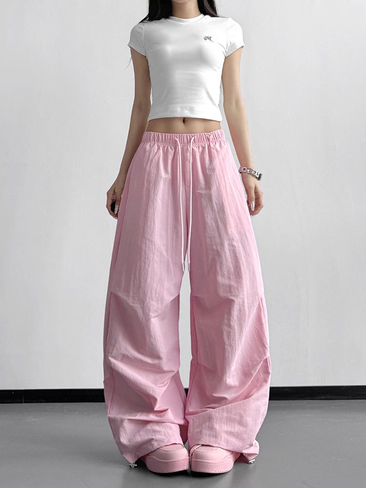 Women's Pink High-Waisted Wide-Leg Pleated Pants - Spring/Autumn 2026 Loose Fit Casual Style