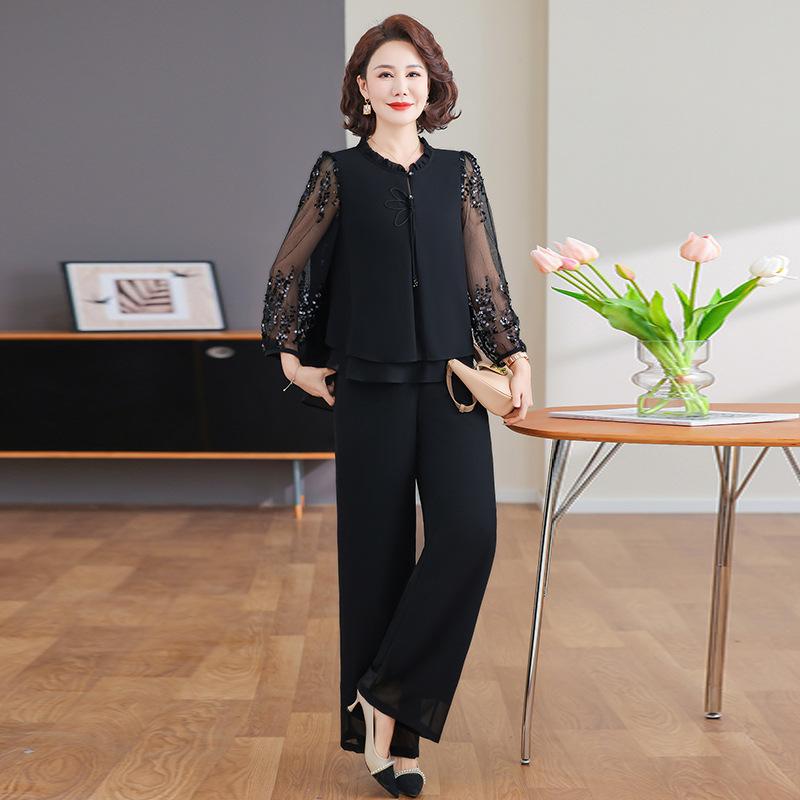 Set de modă de primăvară pentru femei Doamne la mijlocul vieții Bluză Elegantă pentru Doamnă Costum Elegant din Două Piese Culoare Uni cu Design cu Buzunar
