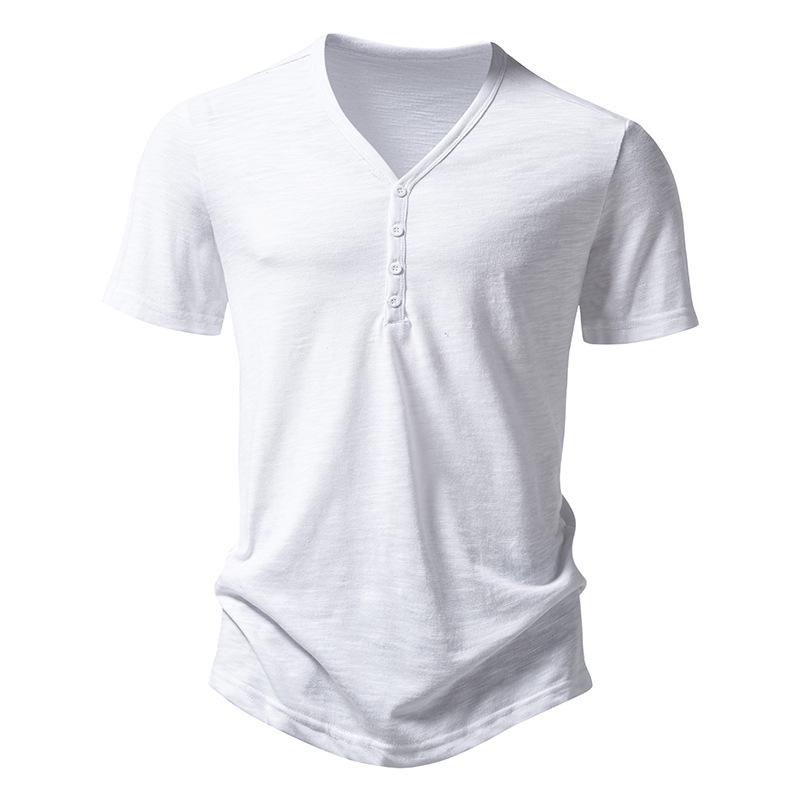 

Men s Bamboo Cotton Buttoned V-Neck Short-Sleeve T-Shirt, European Size, Solid Color, Breathable, Simple Design M белый
