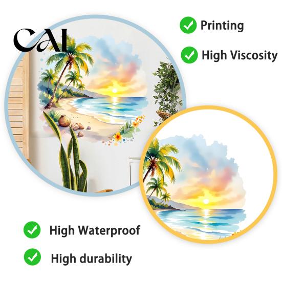 Tropical Landscape Wall Decor Sunset Palm Tree Seaside Decal, Watercolor Summer Beach Sticker, Art Coconut for Kids Bedroom Nursery Home Decorative