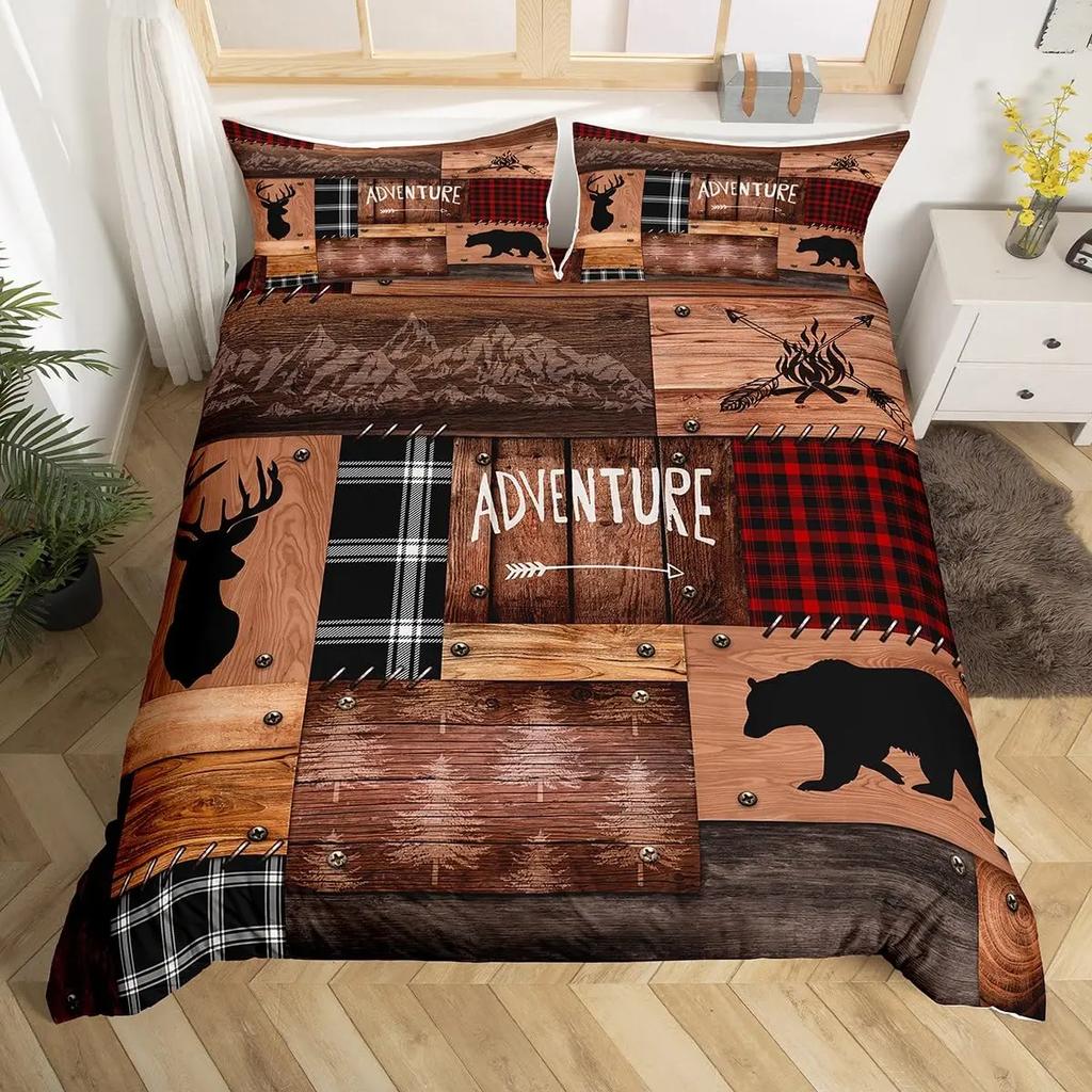 Black Bear Deer Bedding Set Woodland Animals Elk Moose Wildlife Hunting Country Lodge Cabin Duvet Cover Set Queen Comfortable