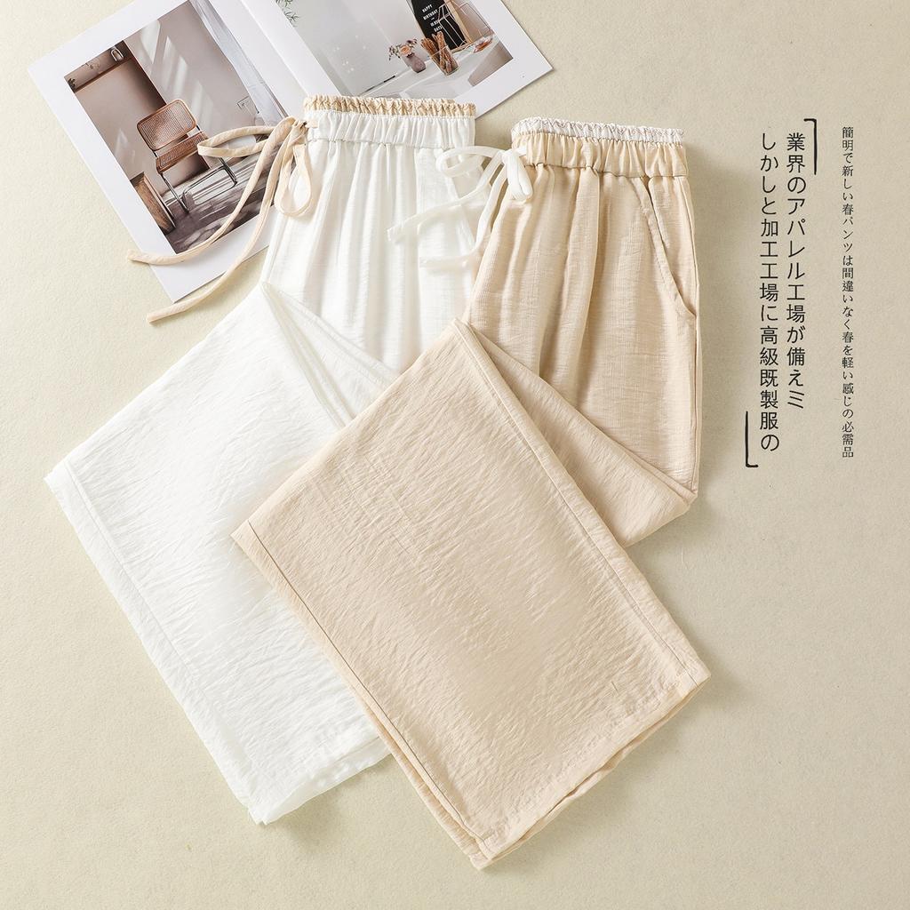 2025 Summer New Light and Breathable Solid Color Cotton and Linen Straight Pants Women's Literary and Artistic Style Drawstring Elastic Waist Casual