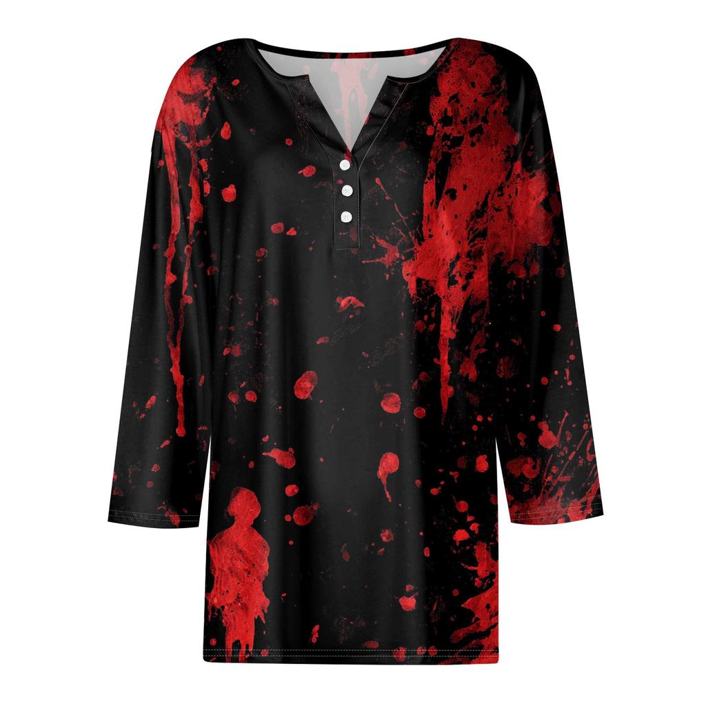 Women's Fashion Casual Halloween Printed V.Neck Short Sleeve Decorative Button Three.quarter Sleeve T-shirt Tor