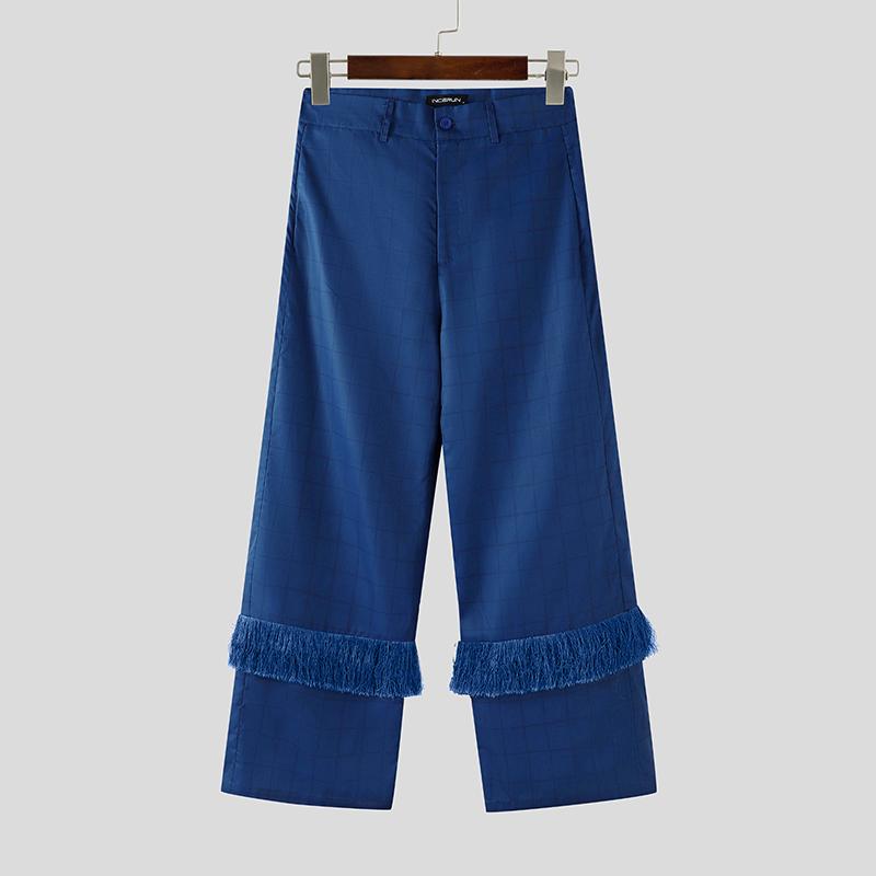 INCERUN Men Zip-up High Waist Plaid Print Tassel Casual Long Trousers Pants