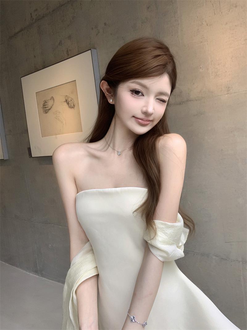 

Elegant French Heiress White Ribbon One-Shoulder Strapless Dress – Women s Socialite Wedding & Event Short Skirt Small слоновая кость
