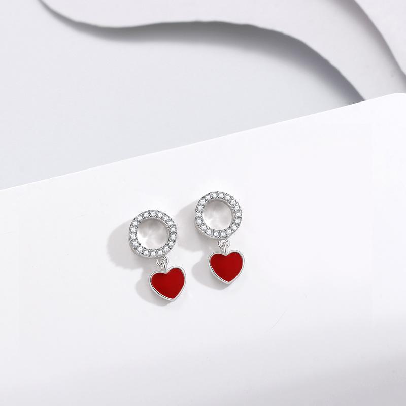 Round Ring Red Heart Earrings Women's Simple Versatile Enamel Love Stud Earrings Korean Round Earrings