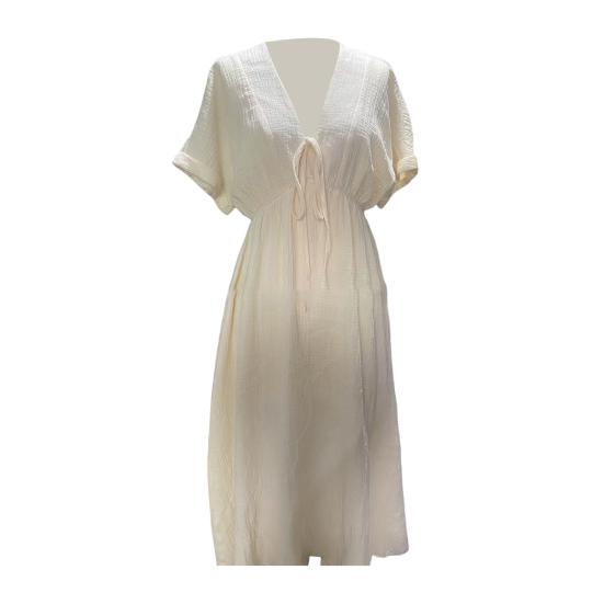 Women Dress V-neck Lace-up Short Sleeve High Waist Midi Dress Solid Color Flowy Hem Casual Dress Daily Wear