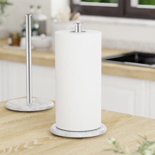 Susswiff Countertop Paper Towel Holder with Natural Marble Base, Kitchen Roll Holder, Standing Paper Towel Dispenser for Standard or Jumbo Rolls, Brus