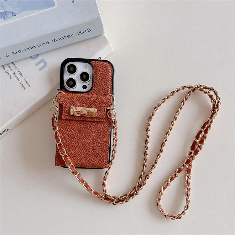Applicable To Iphone15pro Lychee Pattern Mirror Card Bag Apple 14 Chain Crossbody 13pro Card Function Leather Case