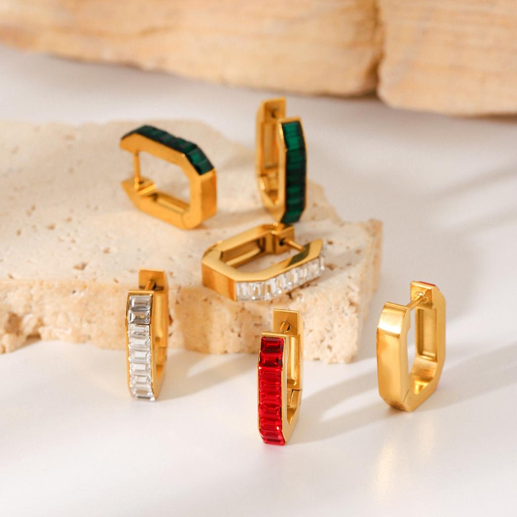 Fashionable U-shaped Stainless Steel Earrings for Women, Premium Light Luxury Zircon Inlaid Square Ear Buckles