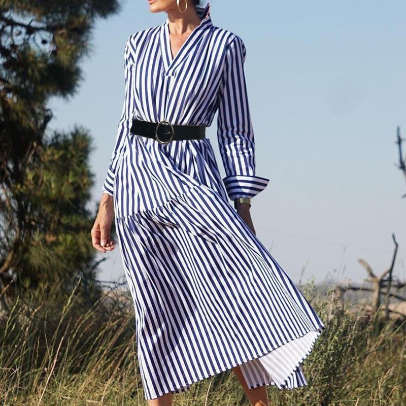 Spot Autumn New European and American Women's Clothing Long-sleeved V-neck Medium and Long Striped Dress
