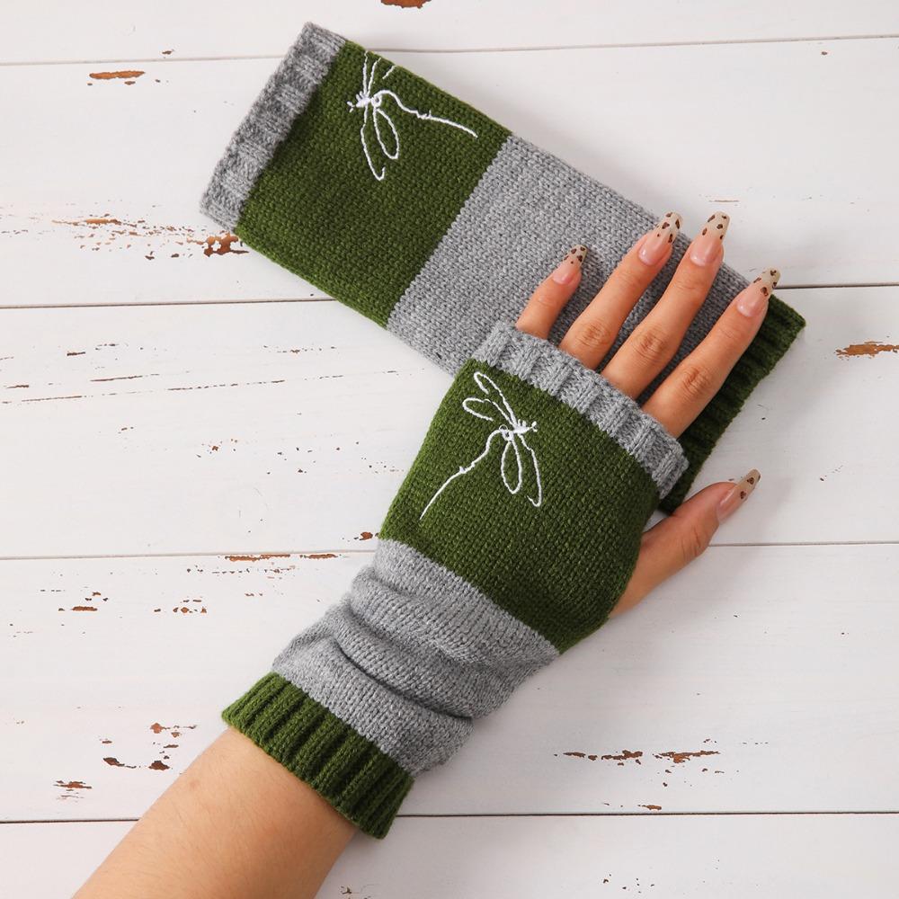 Embroidered Colour Block Gloves - Women's Warm Stretch Knit Gloves | Perfect for Autumn/Winter