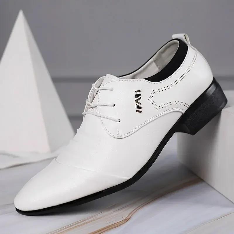 New Classic Men's Formal Shoes with Lace Up White Leather Shoes, Plus Size Pointed Business Casual Men's Wedding Formal Shoes