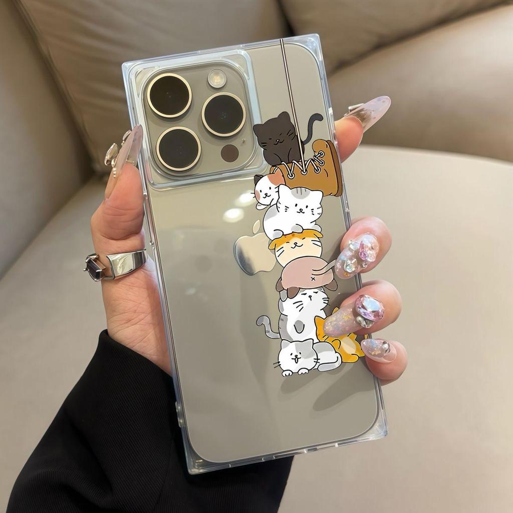 Square Back Tube Protection Clear Case For iPhone 11 14 Pro Max 13 16 ProMax 12 15 Plus Anti-Oxygen,Stacked Cat Pattern Casing
