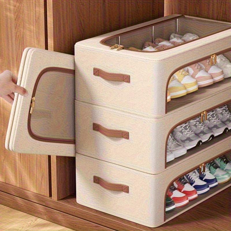 High quality4-Season Foldable Double-Window Shoe Cabinet - Dustproof Stackable Under-Bed Storage, Beige Linen Vintage Style, Suitable for Sneakers,
