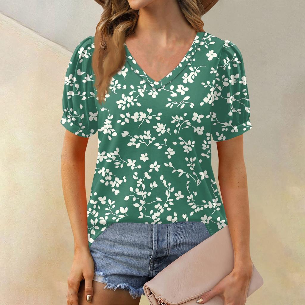 Dámská móda Květinový potisk Top Krátký balónkový rukáv Výstřih do V Volné ležérní tričko