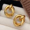 Double Layer Round Circle Dangle Earrings for Women Vintage Simple European Golden Metal Drop Earrings Geometry Zircon Gift